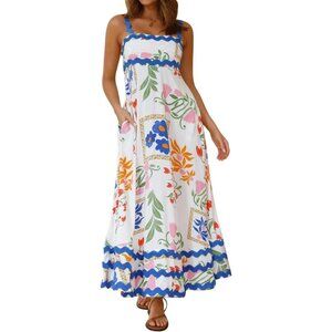 Women's Summer Spaghetti Straps Sleeveless Smocked Sundresses Rickrack Trim Ruff